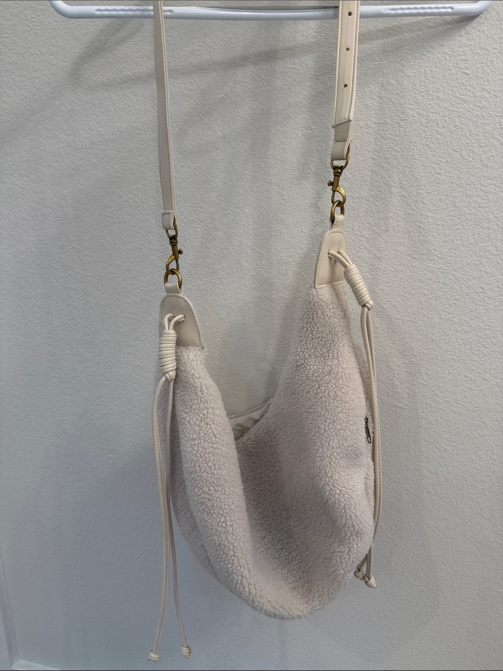 Ivory Sherpa Crossbody Bag with Adjustable Strap